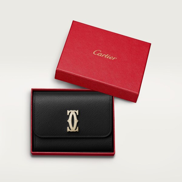 Mini wallet, C de Cartier Black textured calfskin, golden finish