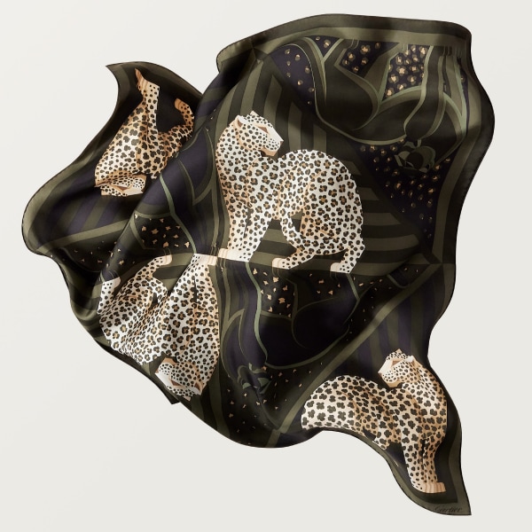 90 scarf, Panthère Illusion Green tea silk twill