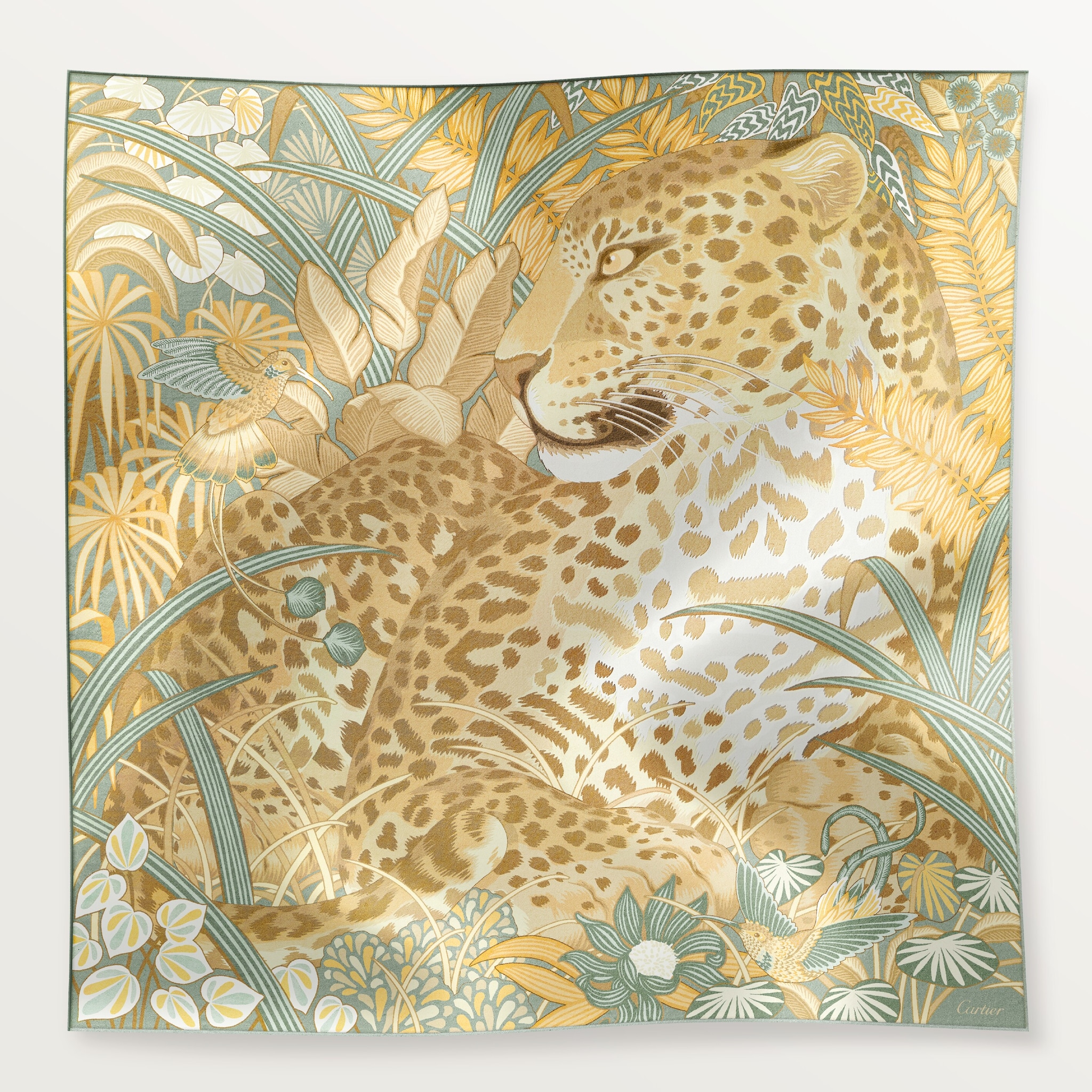 90 Scarf, Panther in the JungleSage green & mimosa yellow silk twill