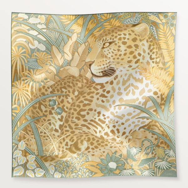 90 Scarf, Panther in the Jungle Sage green & mimosa yellow silk twill