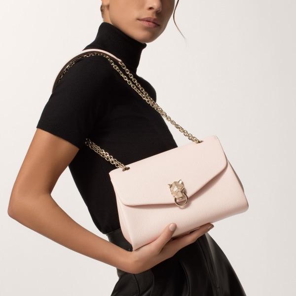 Chain bag small, Panthère de Cartier Petal pink grained calfskin, golden finish