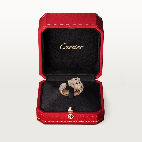 Panthère de Cartier ring, medium model, paved Rose gold, diamonds, onyx, emeralds