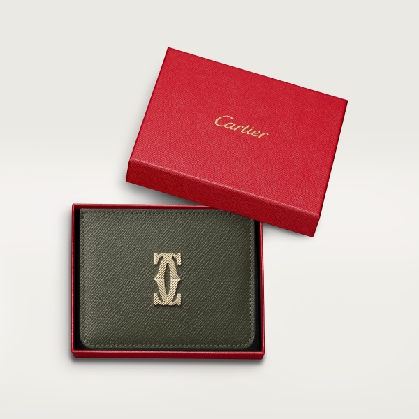 Card holder, C de Cartier Green tea calfskin, golden-finish with gadroon motif
