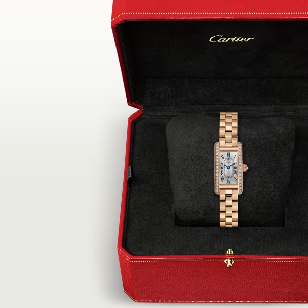 Tank Américaine watch Mini model, quartz movement, rose gold, diamonds
