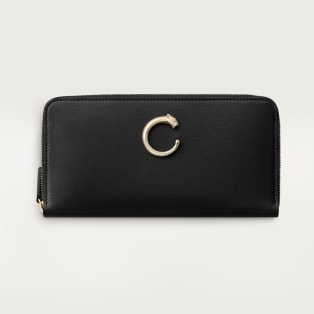 Zipped international wallet, Panthère de Cartier Black calfskin, golden finish