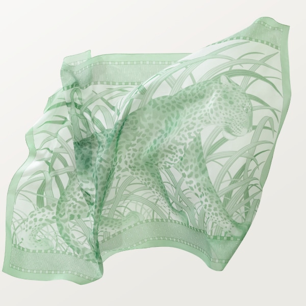 Rectangular scarf, Panther in the Jungle  Sage green cotton and silk twill