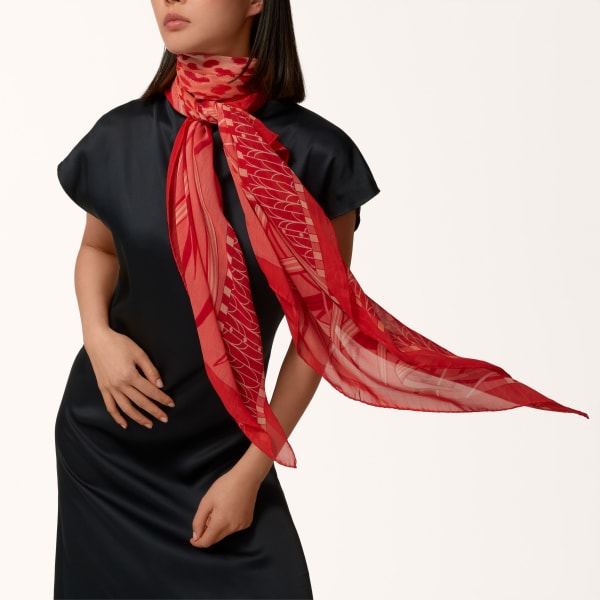 Panther in the Jungle rectangular scarf Coral cotton and silk twill