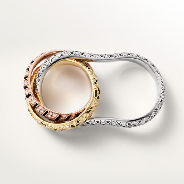Trinity two-finger ring, lacquer, paved Yellow gold, rose gold, white gold, lacquer, diamonds