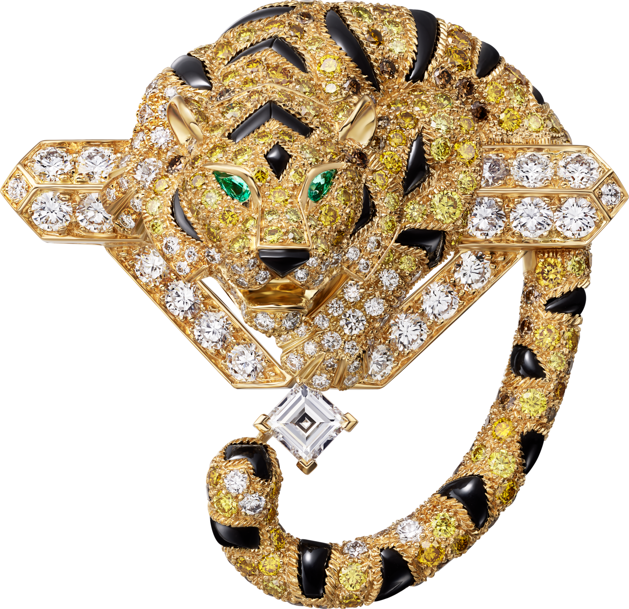 Cartier Fauna and Flora broochYellow gold, onyx, emeralds, yellow diamonds, orange diamonds, brown diamonds, diamonds
