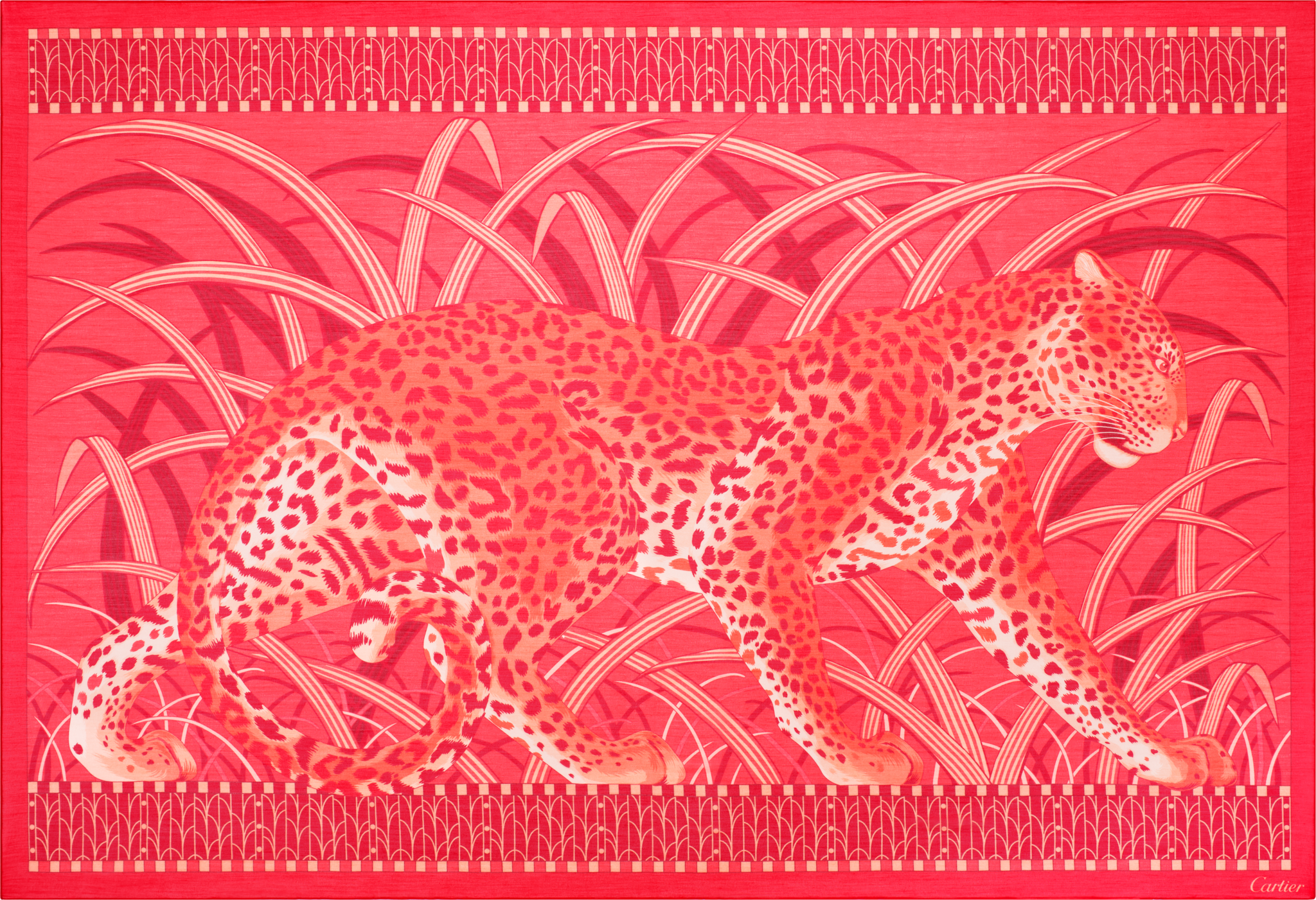 丛林中的猎豹图案长方形方巾珊瑚色棉质和斜纹真丝