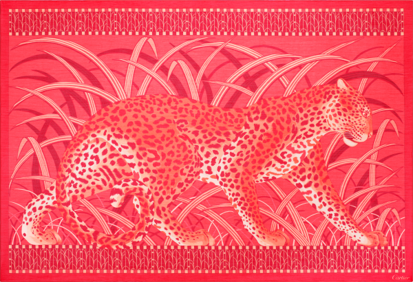 丛林中的猎豹图案长方形方巾 珊瑚色棉质和斜纹真丝