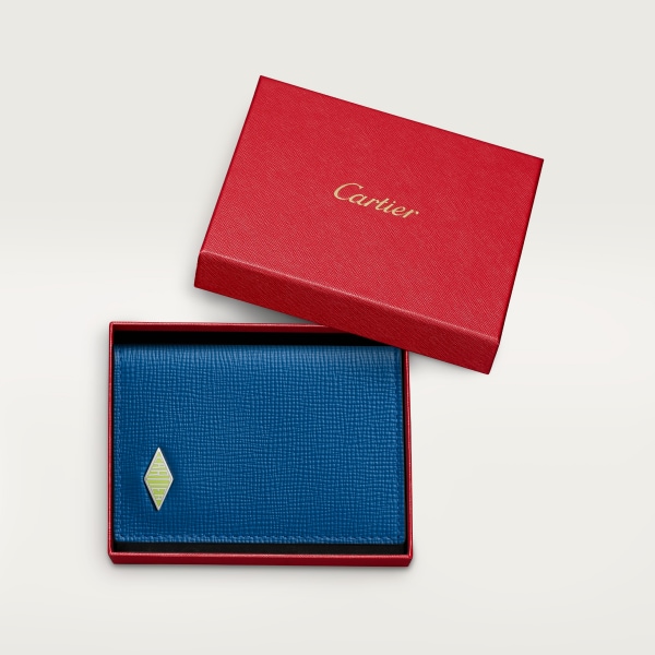 4信用卡皮夹，Cartier Losange系列 海洋蓝粒面小牛皮，镀钯饰面和青柠色珐琅
