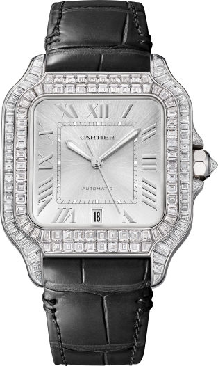 Santos de Cartier watch Large model, automatic movement, white gold, diamonds, 2 interchangeable leather bracelets