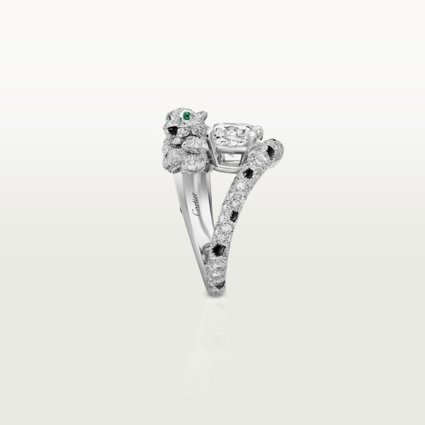 Panthère de Cartier ring, cushion-cut diamond, paved  White gold, emeralds, onyx, diamonds