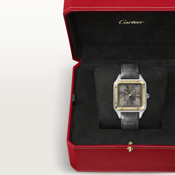 Santos-Dumont watch Large model, quartz movement, yellow gold, steel, leather