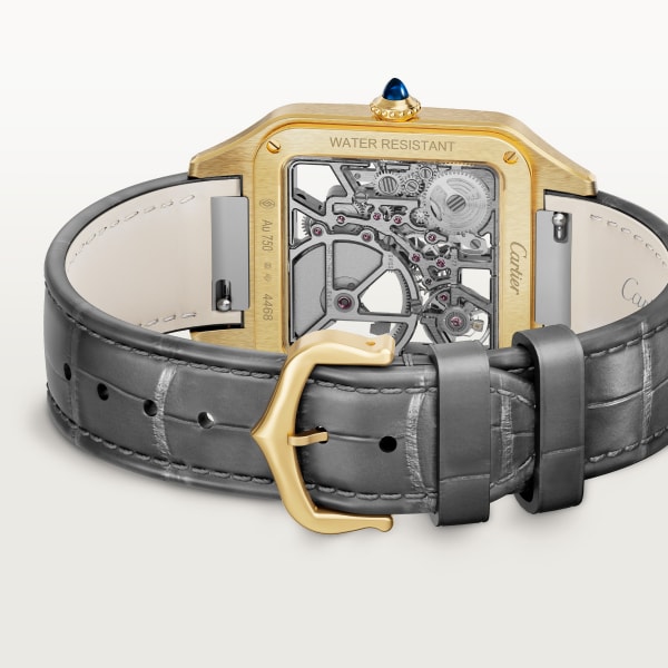 Santos-Dumont skeleton watch equipped with a micro-rotor Large model, automatic skeleton movement, yellow gold, 2 leather straps