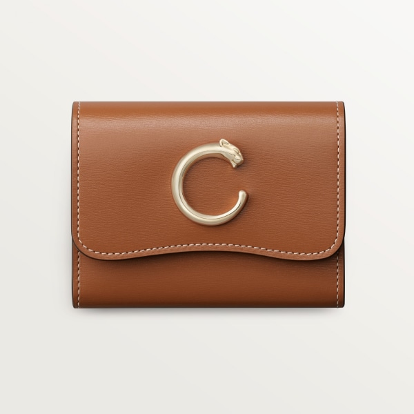 Mini wallet, Panthère de Cartier Caramel calfskin, golden finish