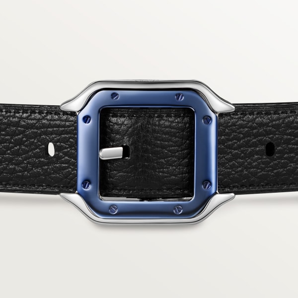 Belt, Santos de Cartier Blue and black grained cowhide, palladium-finish and blue PVD buckle