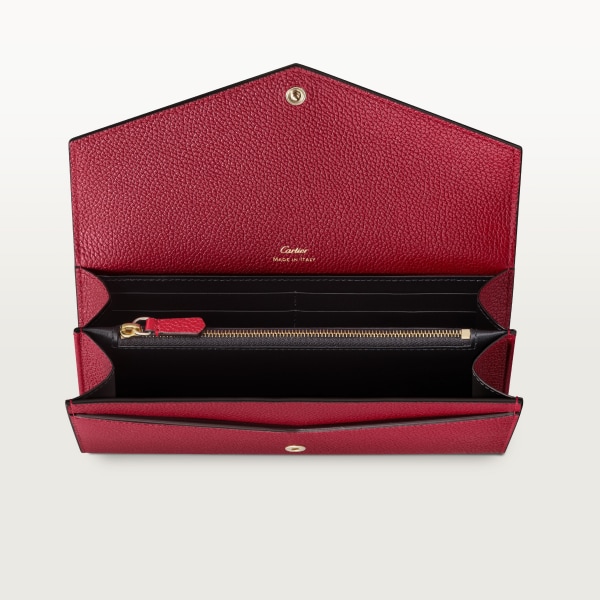 International wallet with flap, Panthère de Cartier Burgundy calfskin, golden finish and burgundy enamel