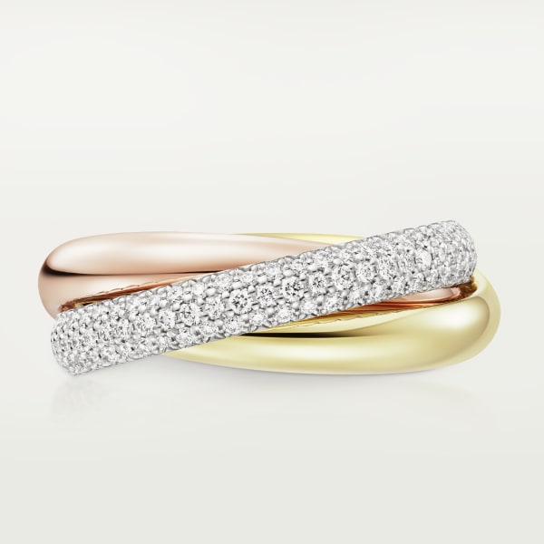 Trinity ring, classic model, semi-paved White gold, yellow gold, rose gold, diamonds