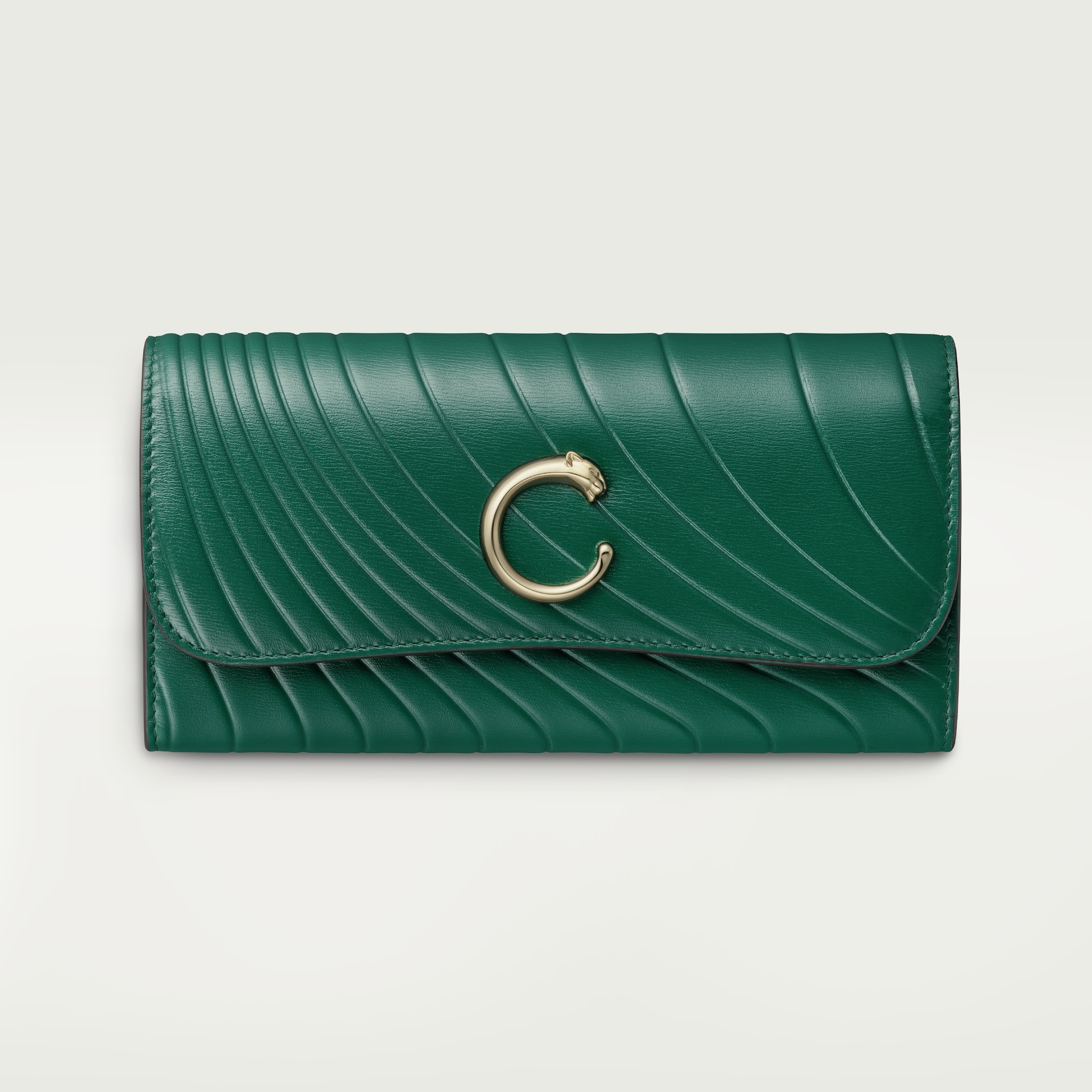 International wallet with flap, Panthère de CartierEmerald green calfskin with embossed Cartier signature motif, golden finish