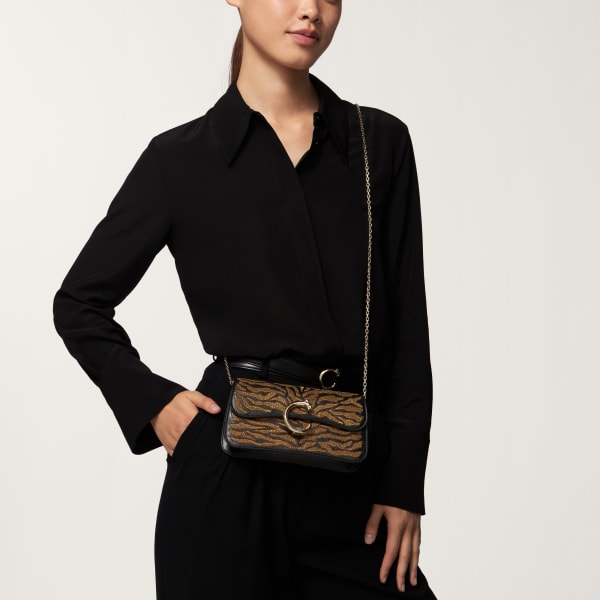 Mini model chain bag, Panthère C de Cartier Black calfskin and golden thread embroidery with tiger motif