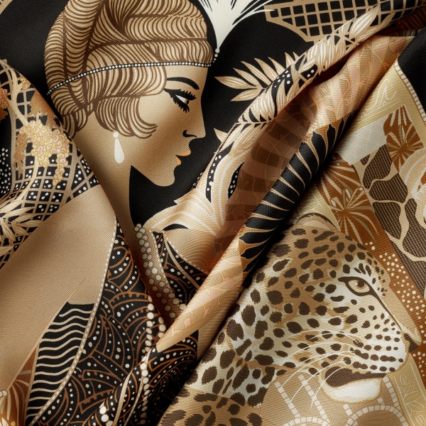 91 scarf, Woman with a Panther Beige & caramel silk twill