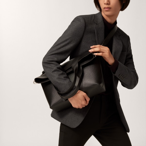 Small tote bag, Cartier Losange Grained black calfskin, palladium finish and enamel