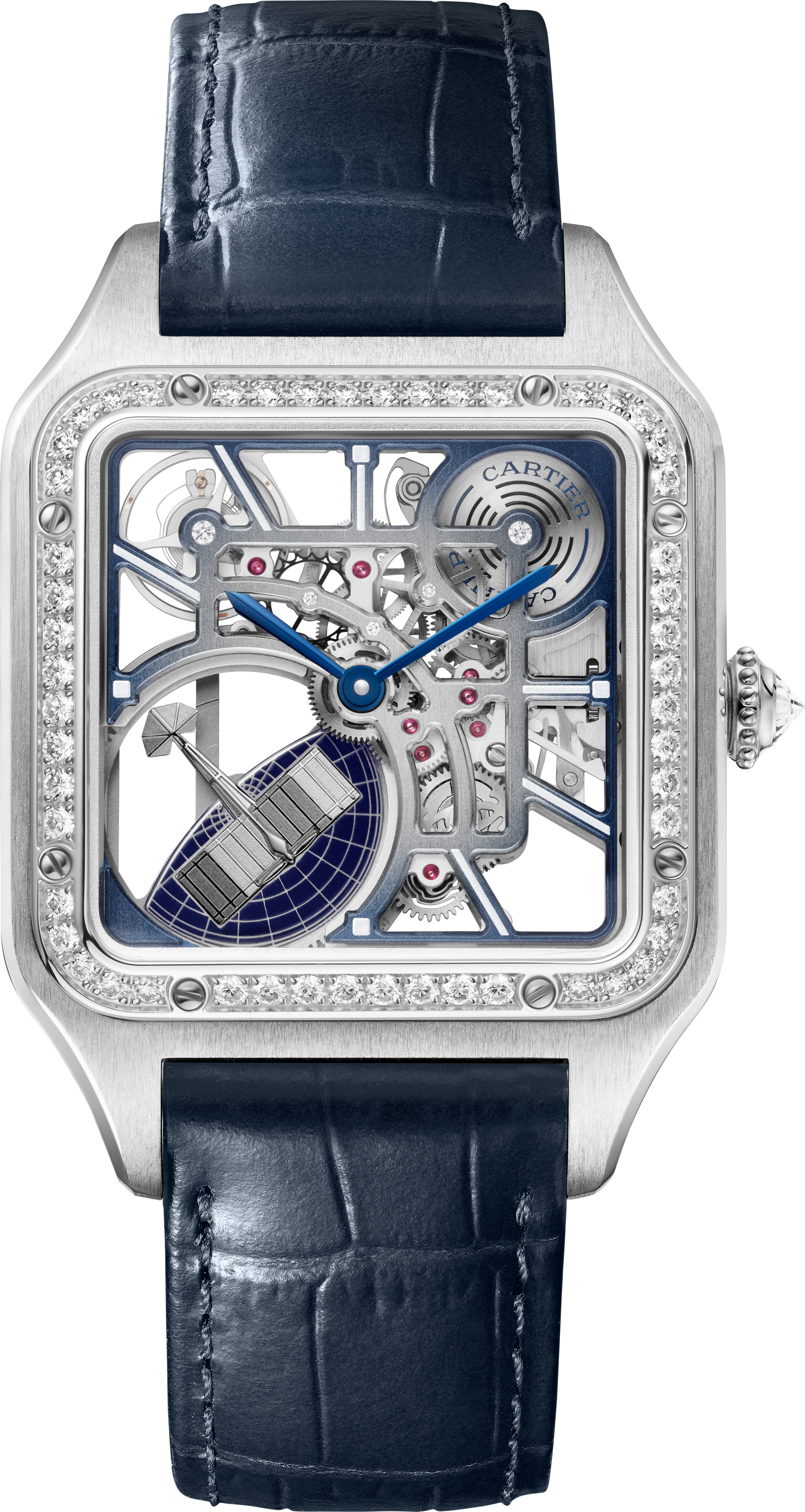 Santos-Dumont skeleton watch equipped with a micro-rotorLarge model, automatic skeleton movement, white gold, diamonds, 2 leather straps