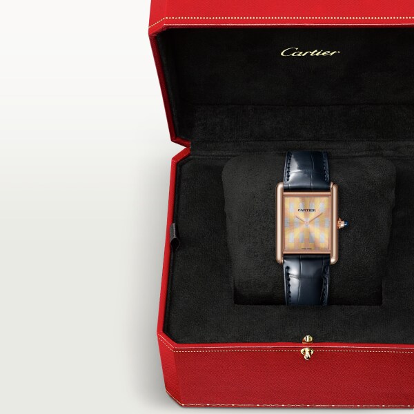 Tank Louis Cartier watch Large model, hand-wound mechanical movement, rose gold, leather