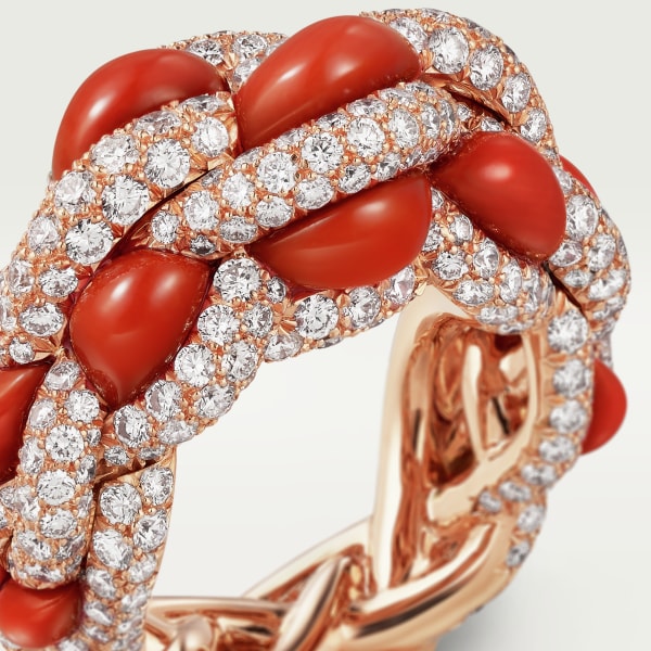 Cartier Libre Tressage ring, coral Rose gold, coral, diamonds