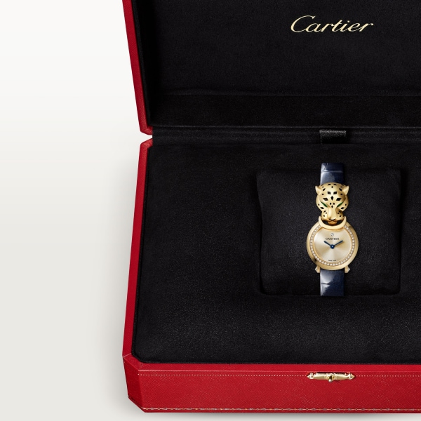 La Panthère de Cartier Watch Small model, quartz movement, yellow gold, diamonds, tsavorites, lacquer, leather