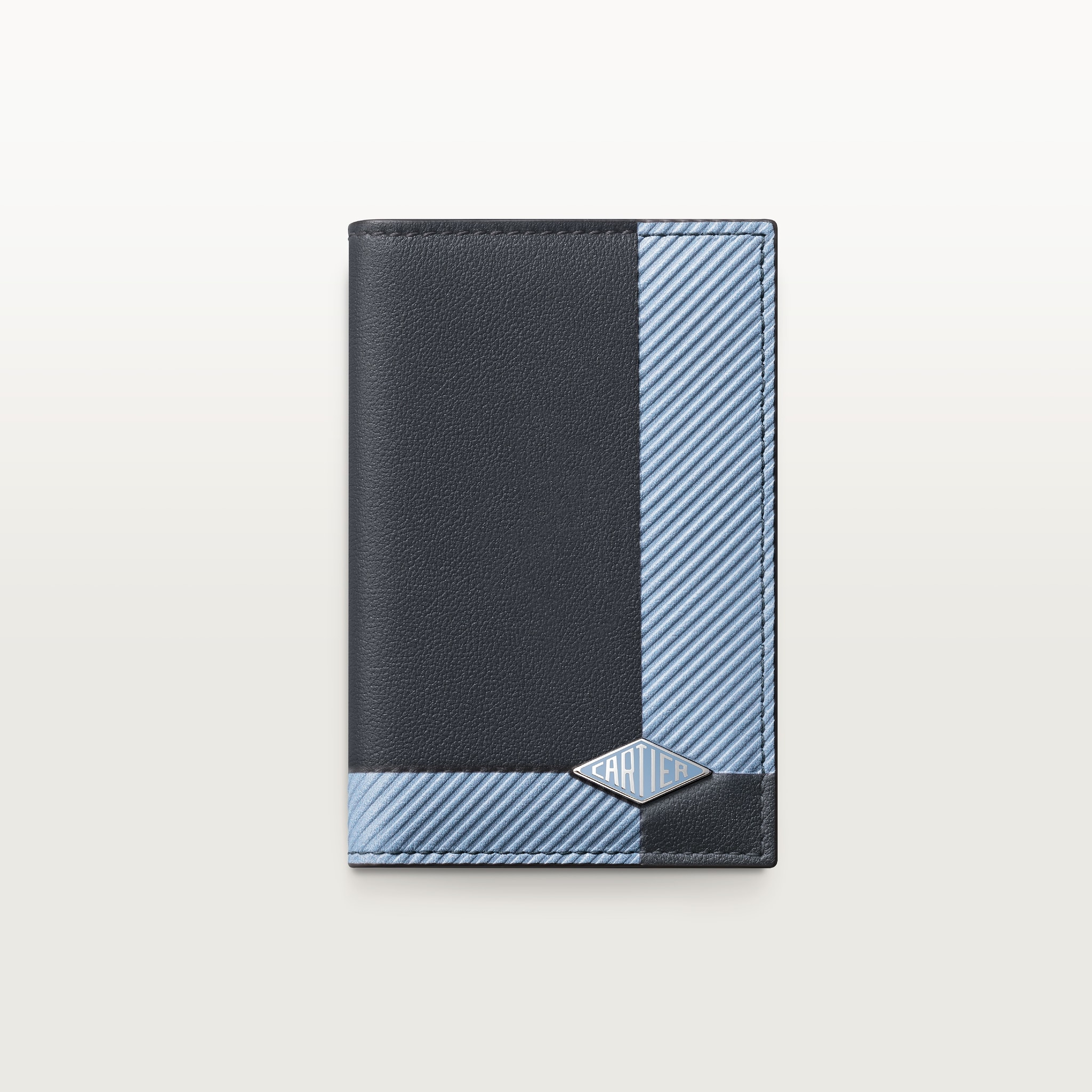 4 credit card holder, Cartier LosangeSlate grey and sky blue debossed calfskin with gadroon motif, sky blue enamel and palladium finish