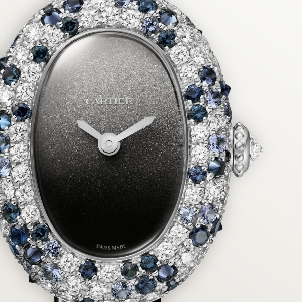 Baignoire watch Mini model, quartz movement, white gold, diamonds, leather