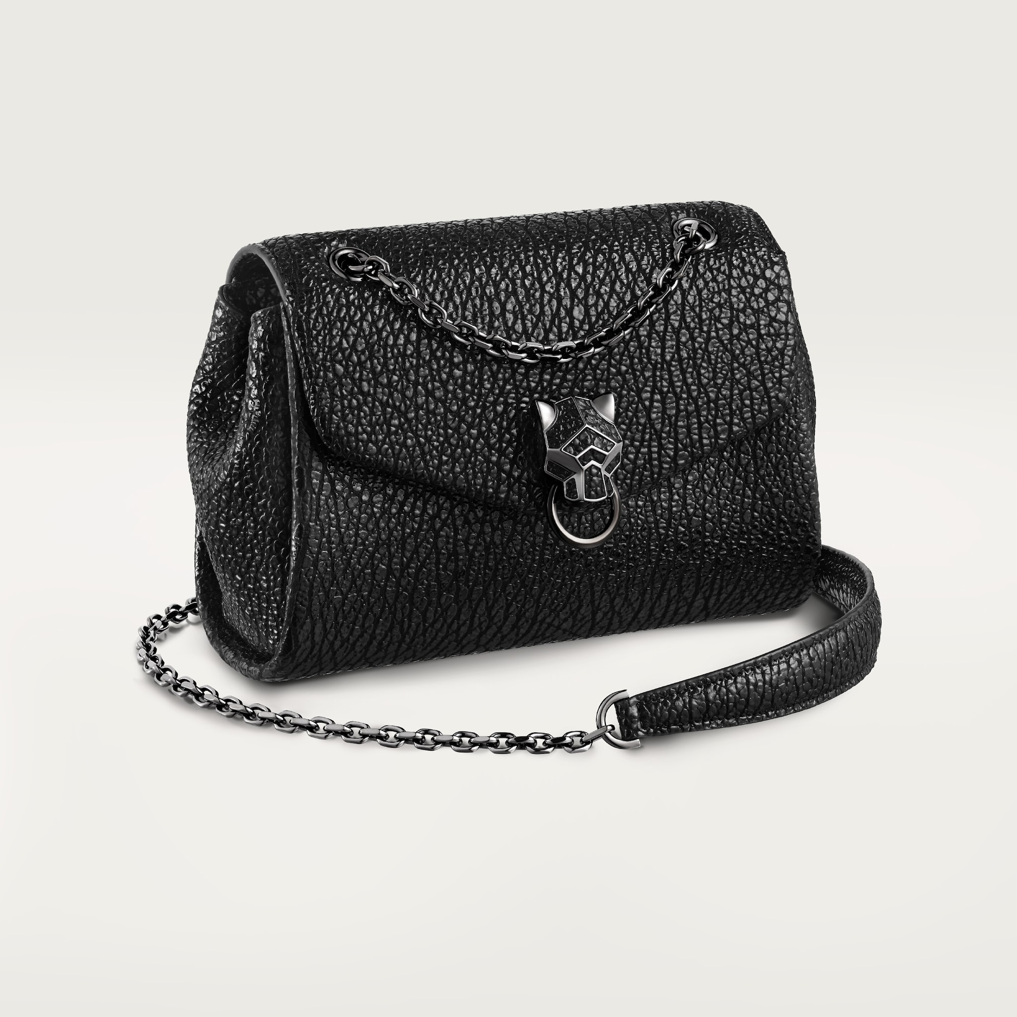 Chain bag mini, Panthère de CartierShiny black crinkle-effect calfskin, ruthenium finish