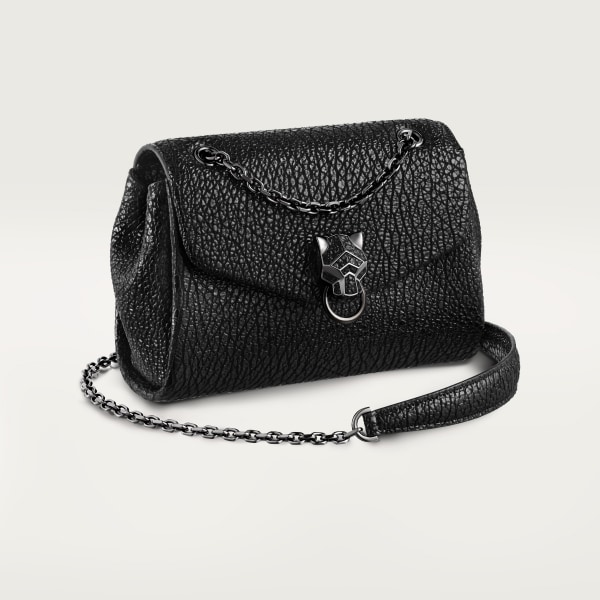 Chain bag mini, Panthère de Cartier Shiny black crinkle-effect calfskin, ruthenium finish