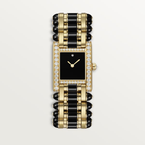 Tank jewellery watch Large model, quartz movement, yellow gold, diamonds, onyx