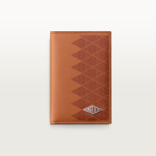 Four-credit card holder, Cartier Losange Caramel-coloured and burgundy calfskin with diamond dots print, palladium finish and burgundy enamel
