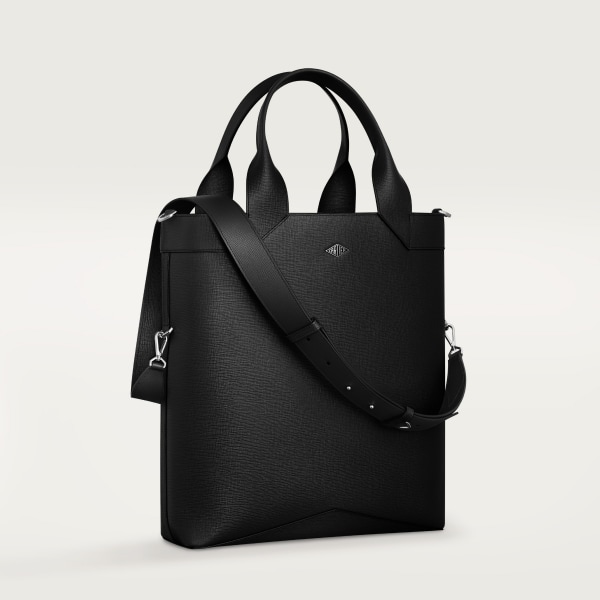 Small tote bag, Cartier Losange Grained black calfskin, palladium finish and enamel
