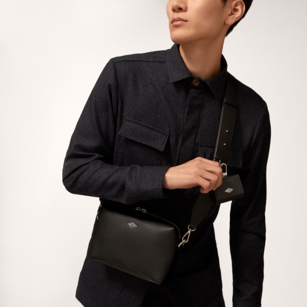 Long strap black bag, Cartier Losange   Grained black calfskin, palladium finish and enamel