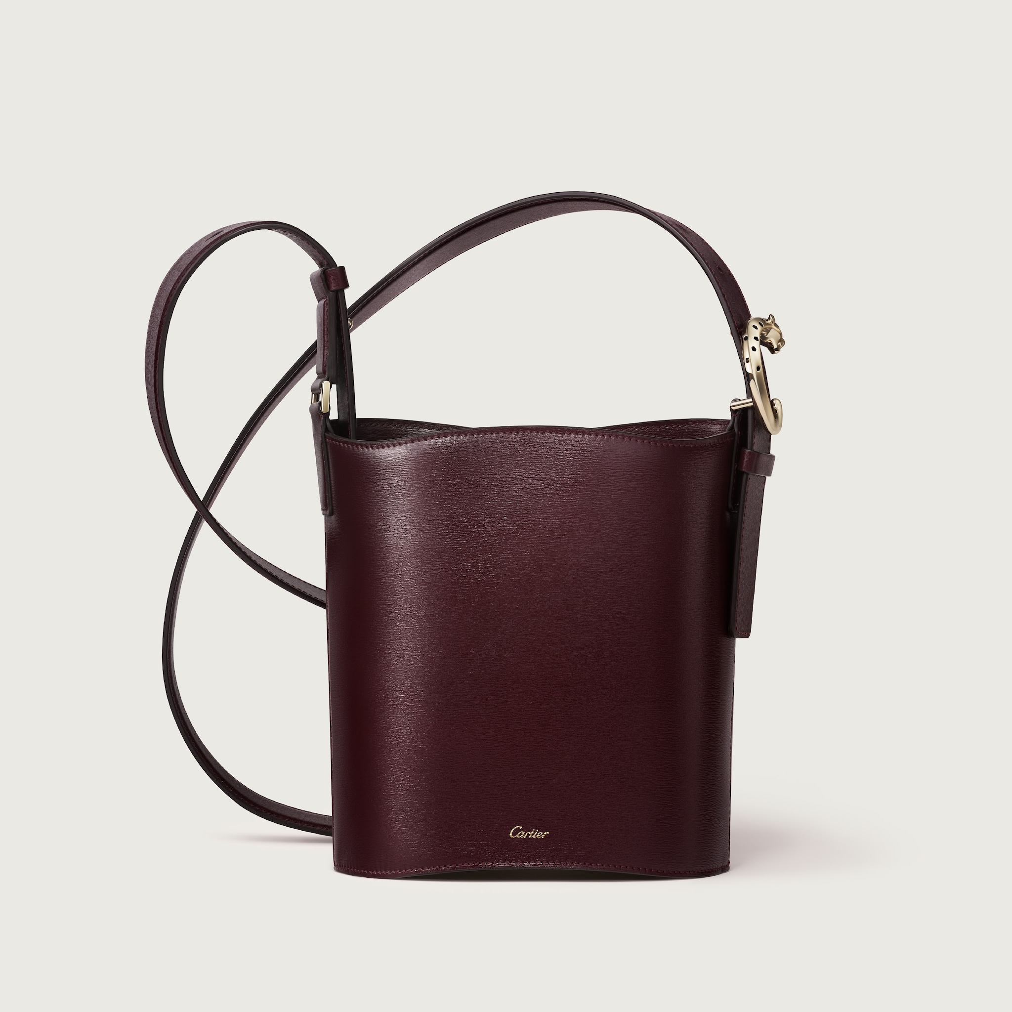 Mini model bucket bag, Panthère C de CartierGrape grained calfskin, golden finish