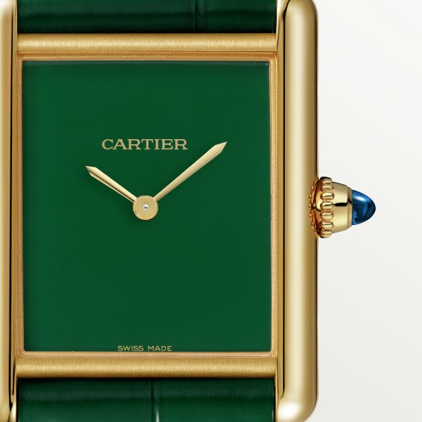 Tank Louis Cartier watch Large model, hand-wound mechanical movement, yellow gold, leather