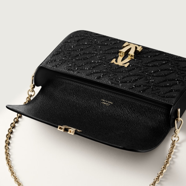 Mini model chain bag, C de Cartier Black textured calfskin, embroidery, golden finish