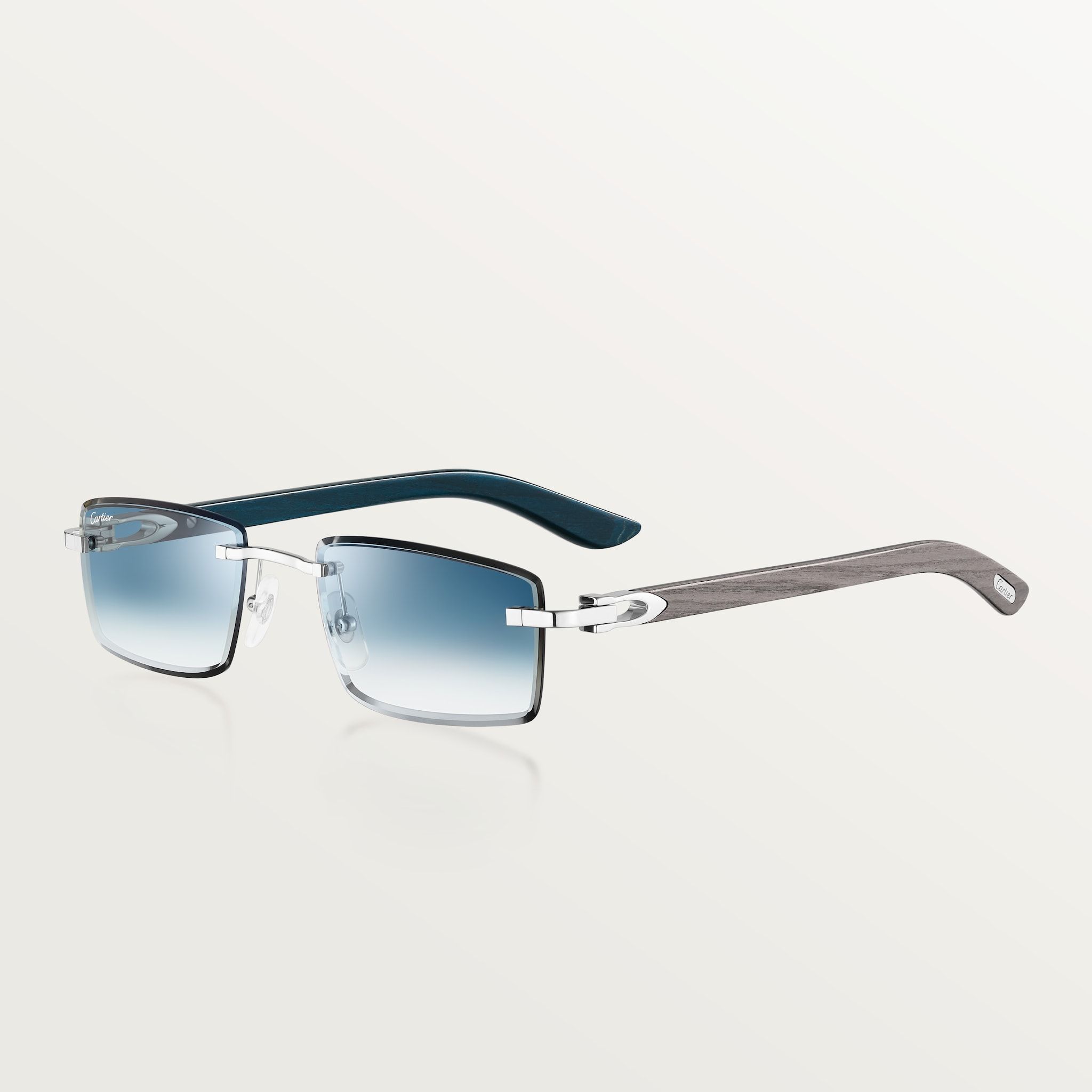 Sunglasses with Elongated C de Cartier motifSmooth platinum-finish metal, grey and blue wood, blue gradient lenses