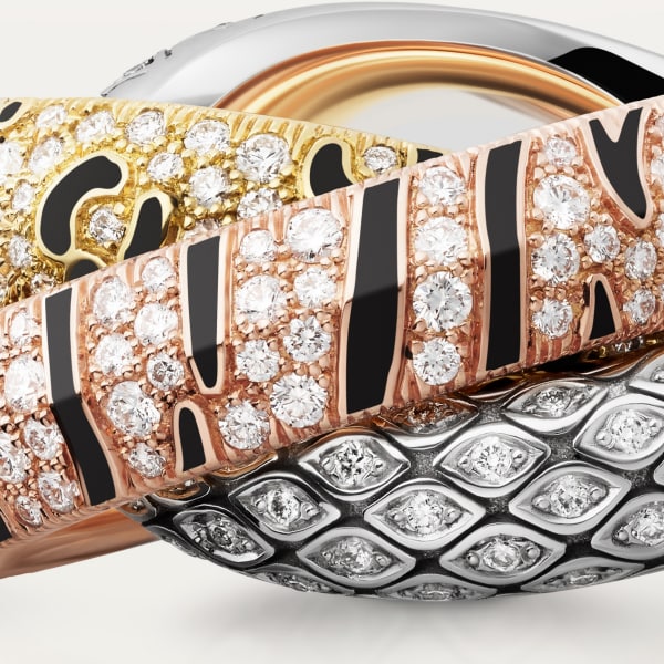 Trinity two-finger ring, lacquer, paved Yellow gold, rose gold, white gold, lacquer, diamonds