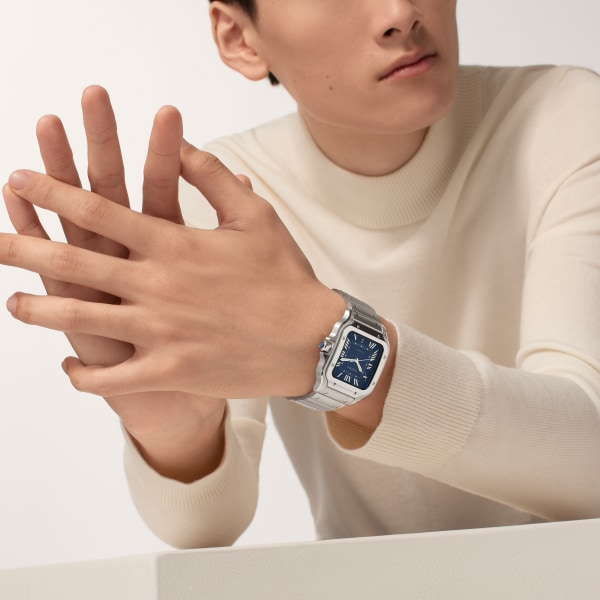 Santos de Cartier watch Large model, automatic movement, steel, interchangeable metal and leather bracelets