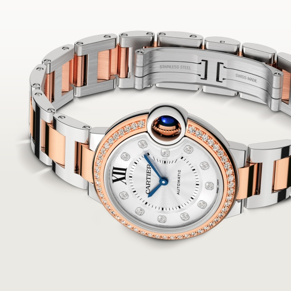 Ballon Bleu de Cartier watch 33 mm, mechanical movement with automatic winding, rose gold, steel, diamonds