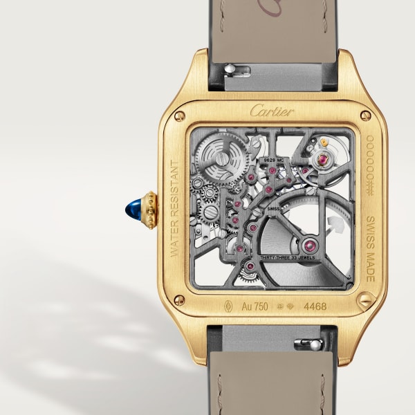 Santos-Dumont skeleton watch equipped with a micro-rotor Large model, automatic skeleton movement, yellow gold, 2 leather straps