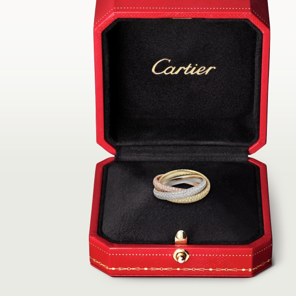 Trinity ring, classic model, paved White gold, yellow gold, rose gold, diamonds