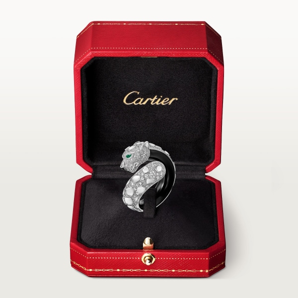 Panthère de Cartier ring, black lacquer, paved White gold, black lacquer, onyx, emeralds, diamonds